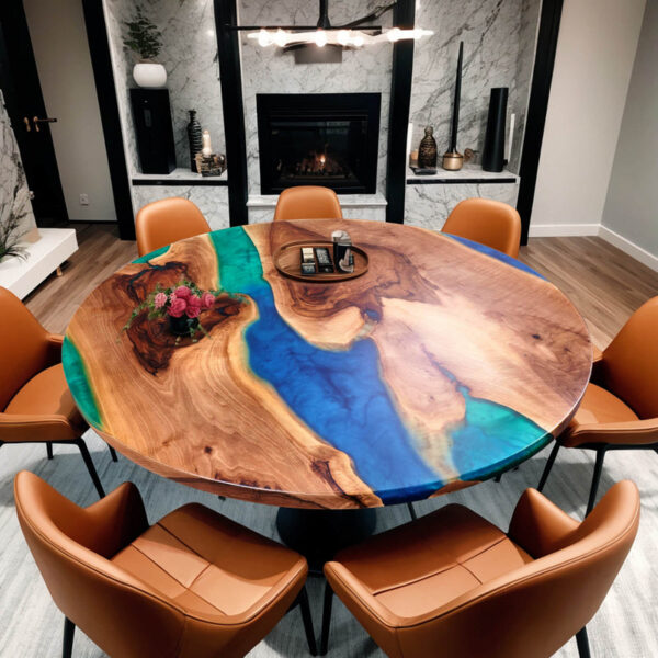 LGT01-Custom Black Walnut Epoxy Resin Round Coffee Table Blue Green Waves - Image 2
