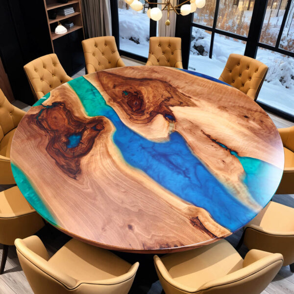 LGT01-Custom Black Walnut Epoxy Resin Round Coffee Table Blue Green Waves