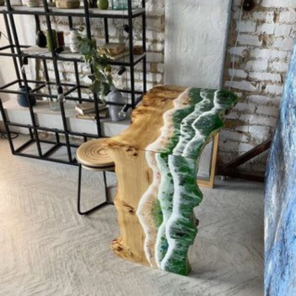 LGT31-Custom Poplar Waterfall Resin Table with Ocean Wave